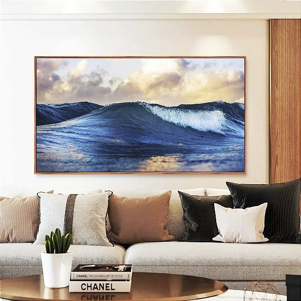 Quadro Horizontal Mar Azul Vivo Ondas Leves e Céu Claro Natureza Arte Canvas Moldura