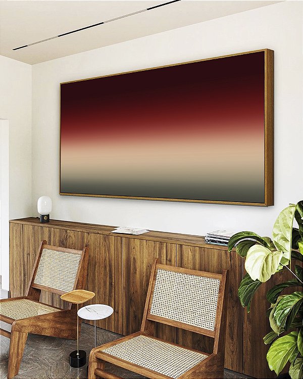 Quadro Horizontal Abstrato Degradê Vermelho Vinho Bege Cinza Arte Canvas Moldura
