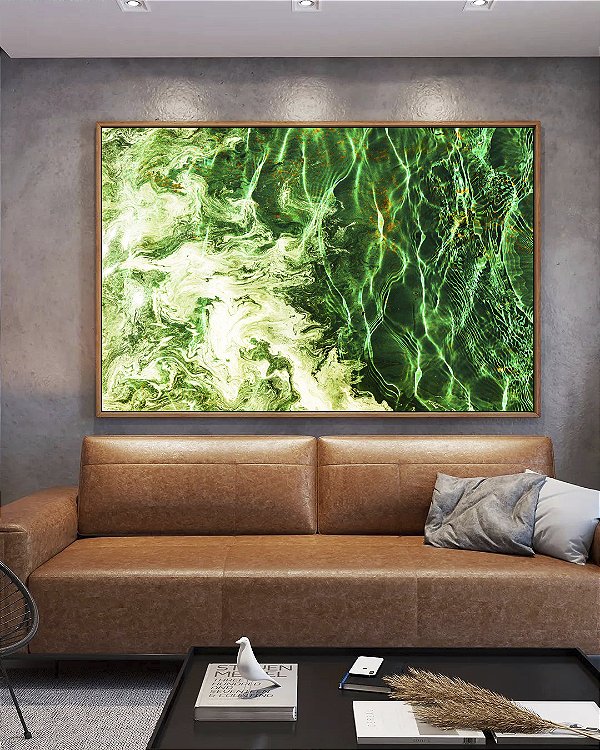 Quadro Horizontal Abstrato Ondulado em Tons de Verde Arte Canvas Moldura