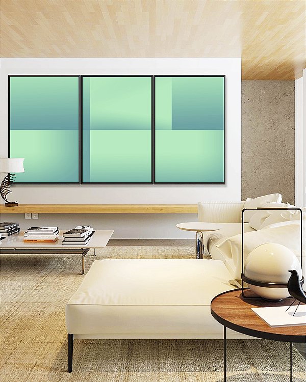 Trio de Quadros Abstrato Geométrico Degradê Turquesa Arte Canvas Com Moldura
