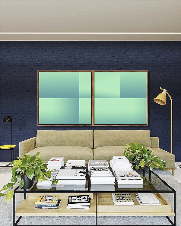 Duo de Quadros Quadrados Abstrato Geométrico Degradê Turquesa Arte Canvas Com Moldura