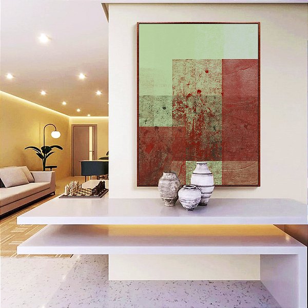 Quadro Vertical Abstrato Verde Vermelho Telha Efeito Concreto Rústico Canvas Moldura