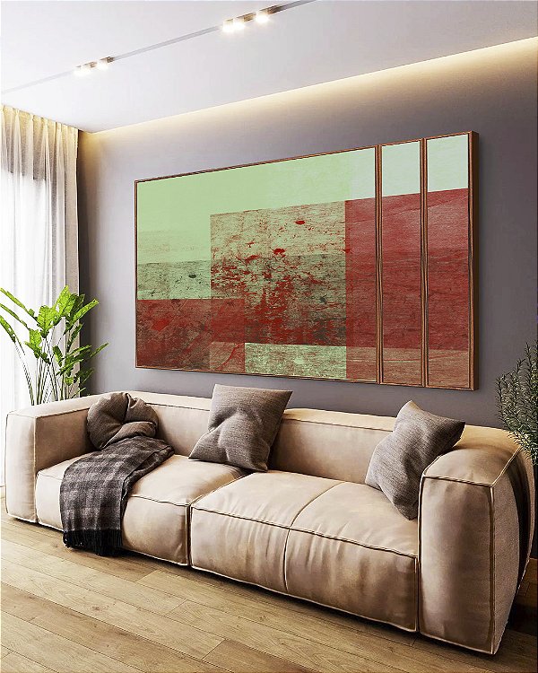 Trio de Quadros Estilizados Abstrato Verde Vermelho Telha Efeito Concreto Rústico Canvas Moldura