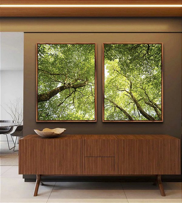 Duo de Quadros Céu de Floresta Folhas Verdes Galhos Paisagem Natureza Canvas Moldura