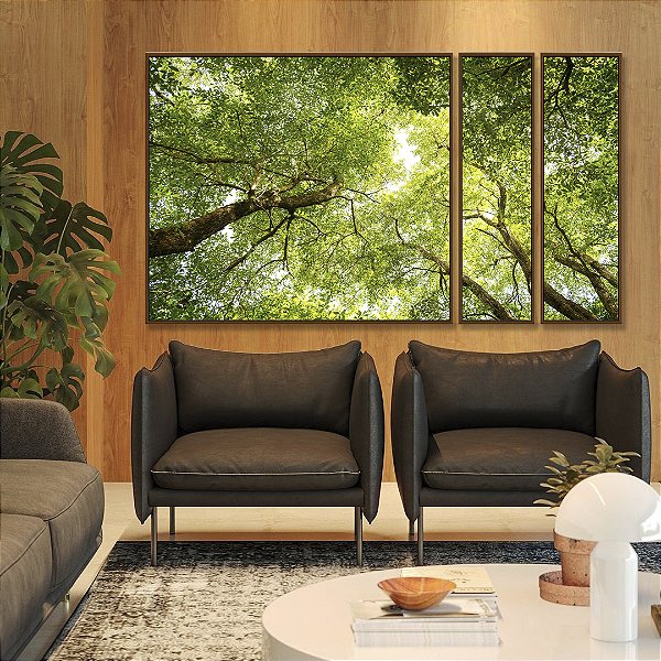 Trio de Quadros Estilizados Céu de Floresta Folhas Verdes Galhos Paisagem Natureza Canvas Moldura