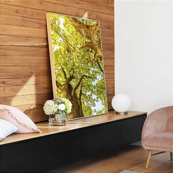 Quadro Vertical Luzes do Sol Árvores e Folhas Verdes Paisagem Canvas Moldura