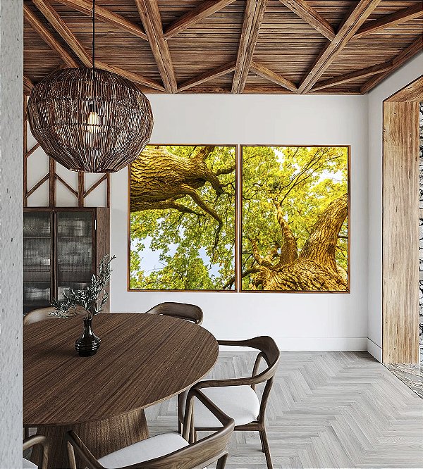 Duo de Quadros Luzes do Sol Árvores e Folhas Verdes Paisagem Canvas Moldura