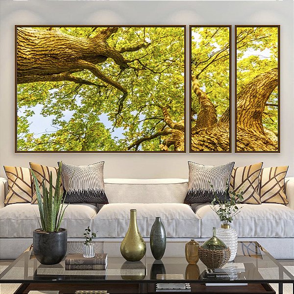 Trio de Quadros Estiizados Luzes do Sol Árvores e Folhas Verdes Paisagem Canvas Moldura