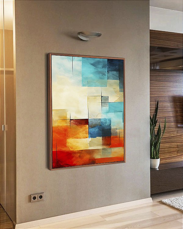 Quadro Vertical Abstrato Mosaico Geométrico Pintura Azul Turquesa Laranja Vermelho Canvas Moldura