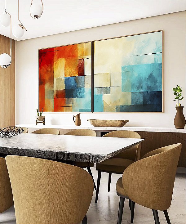 Duo de Quadros Quadrados Abstrato Mosaico Geométrico Pintura Azul Turquesa Laranja Vermelho Canvas Moldura