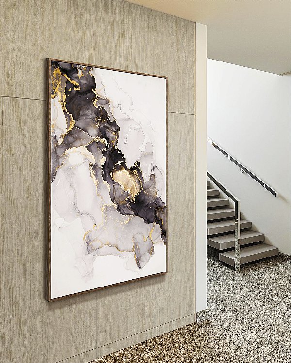Quadro Vertical Abstrato Cinza Dourado Arte Fluida Canvas Moldura