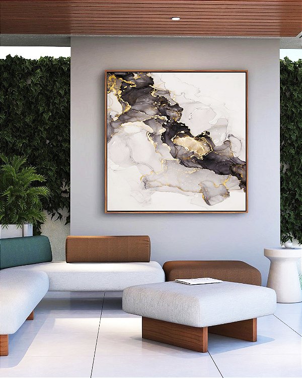 Quadro Quadrado Abstrato Cinza Dourado Arte Fluida Canvas Moldura