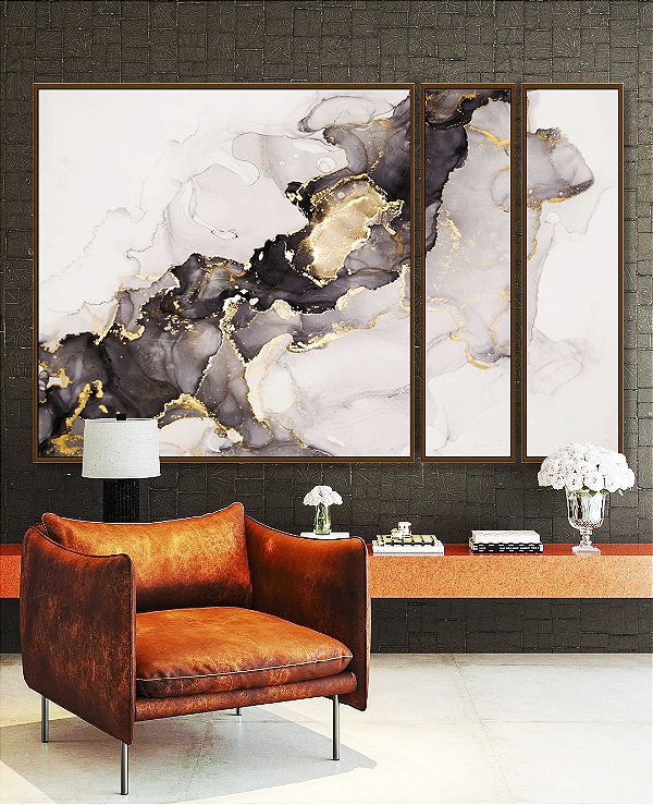 Trio de Quadros Estilizados Abstrato Cinza Dourado Arte Fluida Canvas Moldura