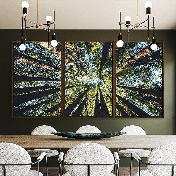 Trio de Quadros Céu Turquesa de Floresta Árvores Natureza Paisagem Canvas Moldura
