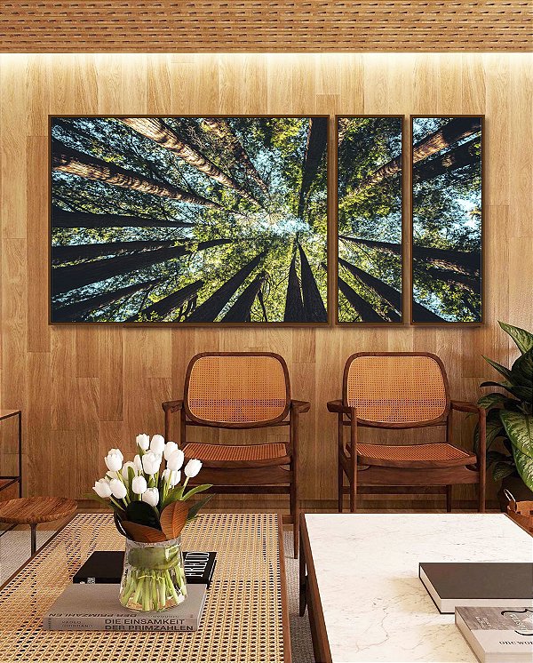Trio de Quadros Estilizados Céu Turquesa de Floresta Árvores Natureza Paisagem Canvas Moldura