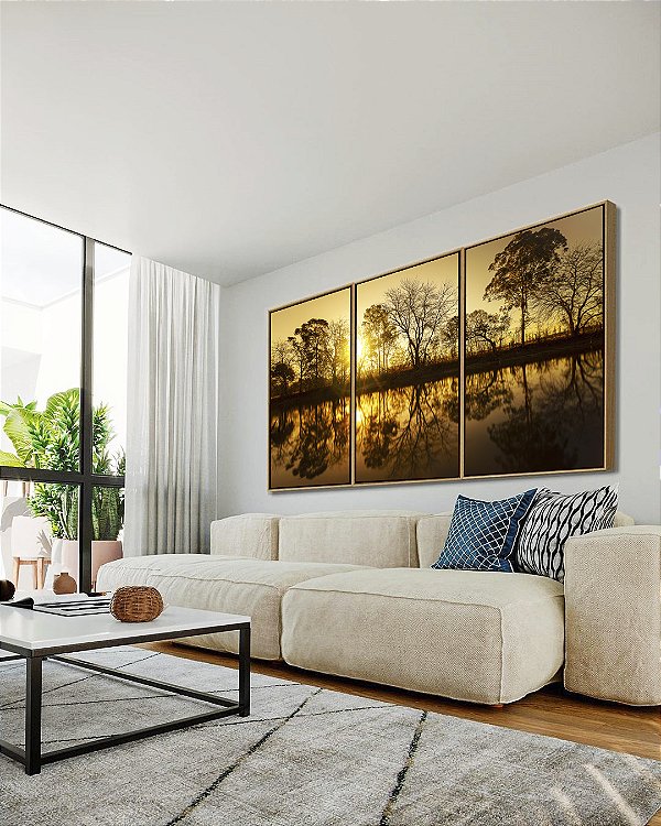 Trio de Quadros Reflexo de Natureza Pôr do Sol no Lago Árvores Canvas Moldura