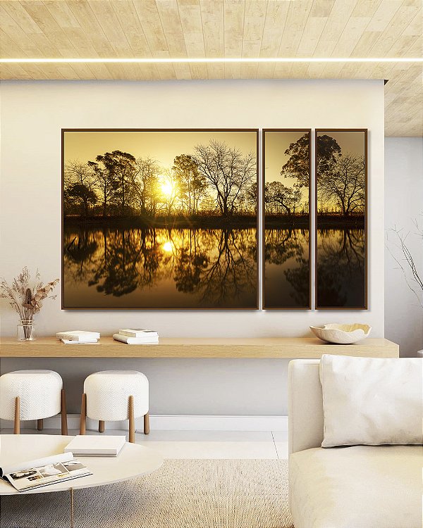 Trio de Quadros Estilizados Reflexo de Natureza Pôr do Sol no Lago Árvores Canvas Moldura