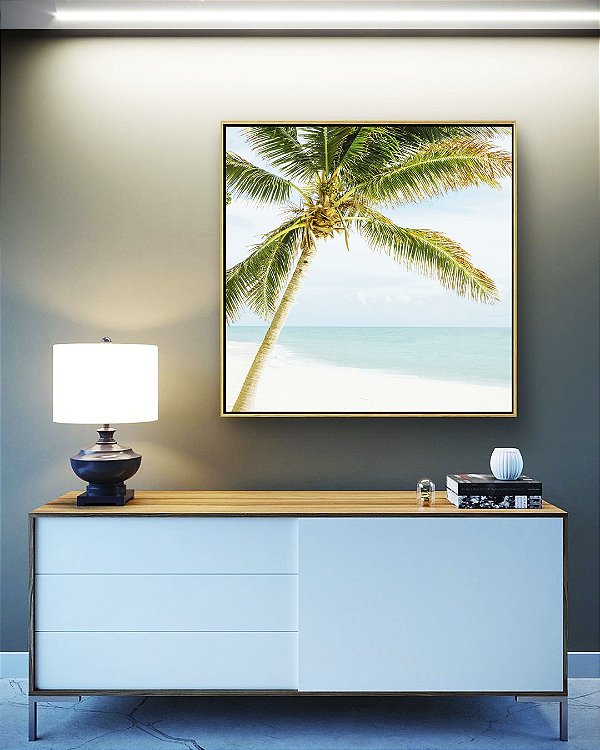 Quadro Quadrado Coqueiro em Praia de Mar Azul Turquesa Natureza Canvas Moldura