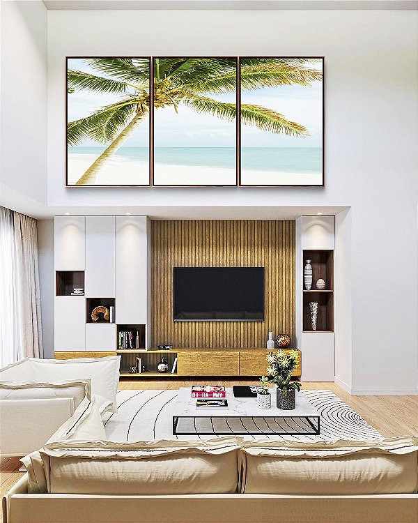 Trio de Quadros Coqueiro em Praia de Mar Azul Turquesa Natureza Canvas Moldura