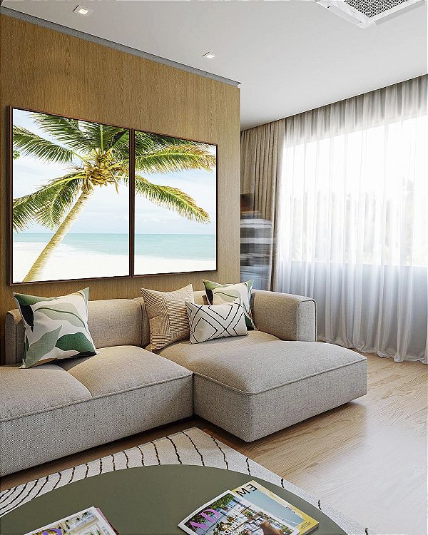 Duo de Quadros Coqueiro em Praia de Mar Azul Turquesa Natureza Canvas Moldura