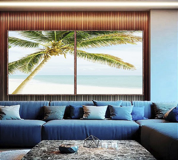 Duo de Quadros Quadrados Coqueiro em Praia de Mar Azul Turquesa Natureza Canvas Moldura