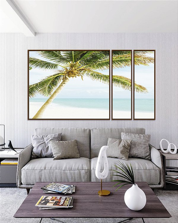 Trio de Quadros Estilizados Coqueiro em Praia de Mar Azul Turquesa Natureza Canvas Moldura