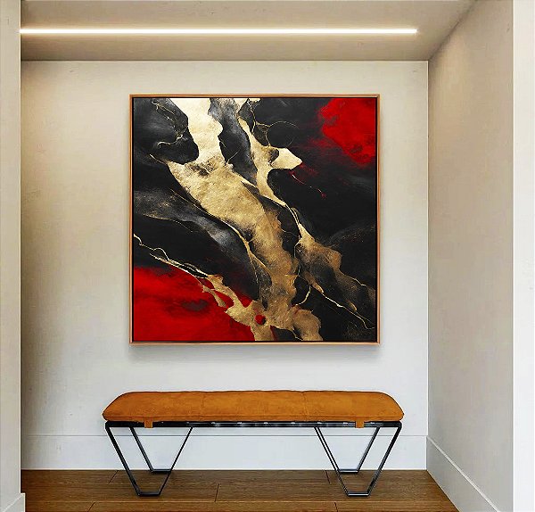 Quadro Quadrado Arte Vermelho Preto Dourado Efeito Pintura Abstrato Canvas Moldura