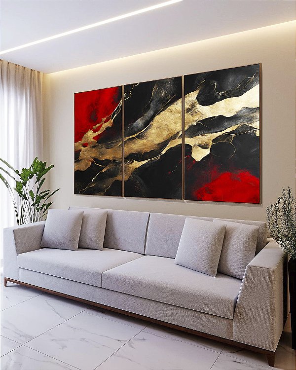 Trio de Quadros Arte Vermelho Preto Dourado Efeito Pintura Abstrato Canvas Moldura