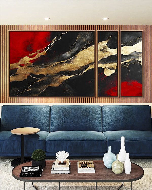Trio de Quadros Estilizados Arte Vermelho Preto Dourado Efeito Pintura Abstrato Canvas Moldura