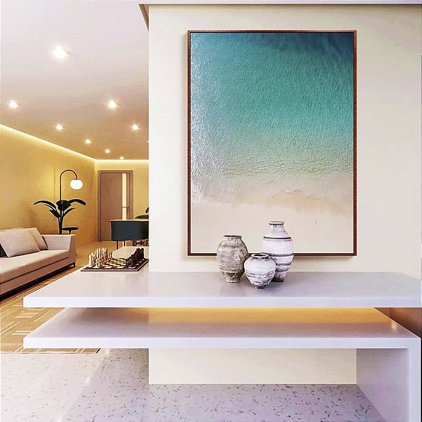 Quadro Vertical Mar Azul Turquesa e Praia de Areia Clara Tropical Canvas Moldura