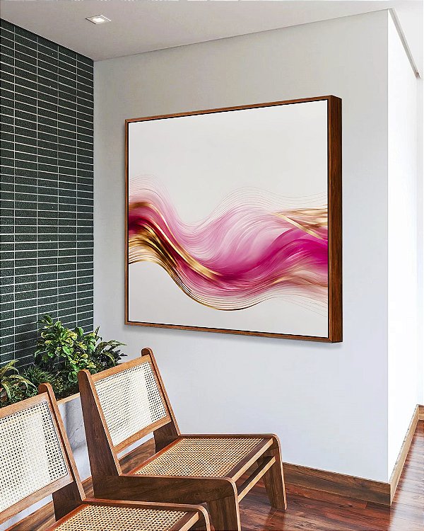 Quadro Quadrado Arte Fluida Rosa Dourado Abstrato Ondas Canvas Com Moldura