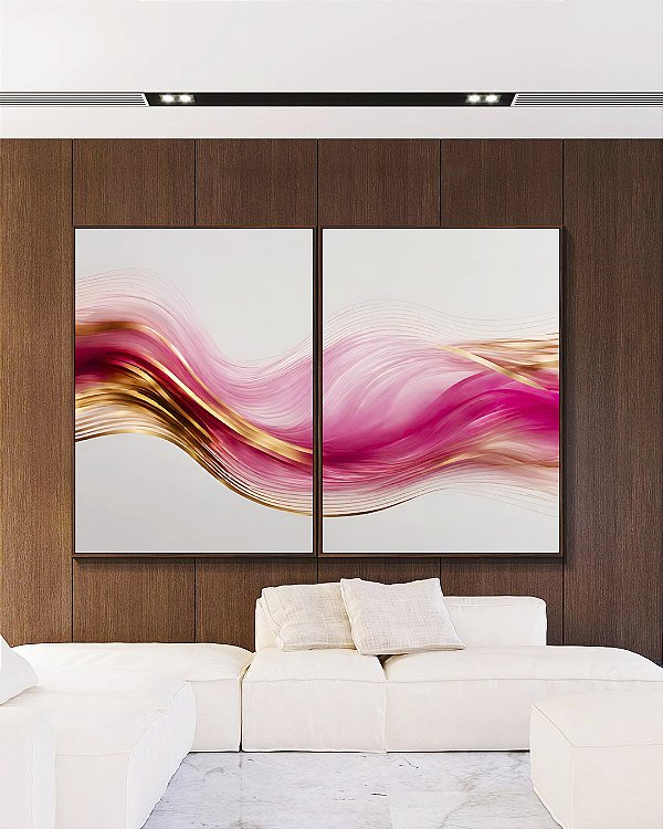 Duo de Quadros Arte Fluida Rosa Dourado Abstrato Ondas Canvas Com Moldura