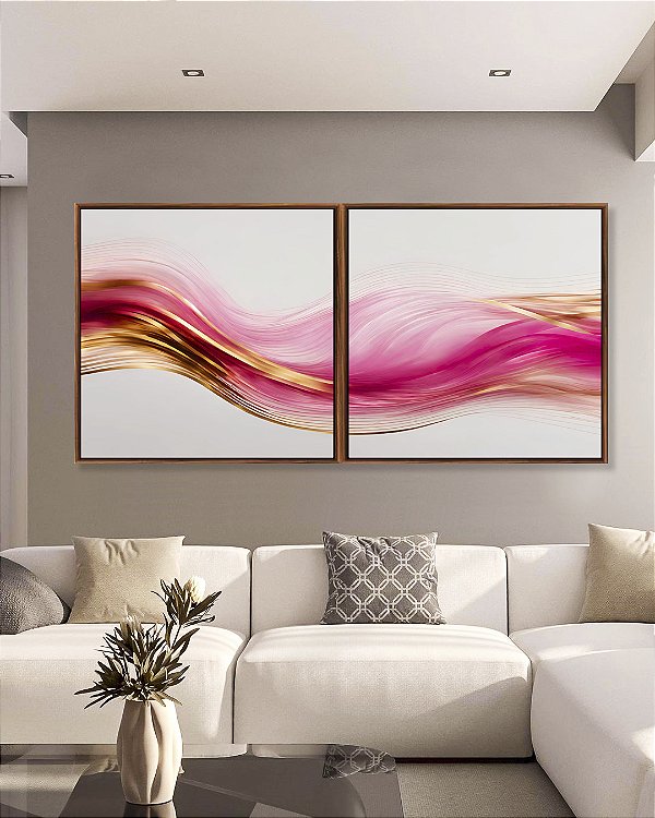 Duo de Quadros Quadrados Arte Fluida Rosa Dourado Abstrato Ondas Canvas Com Moldura