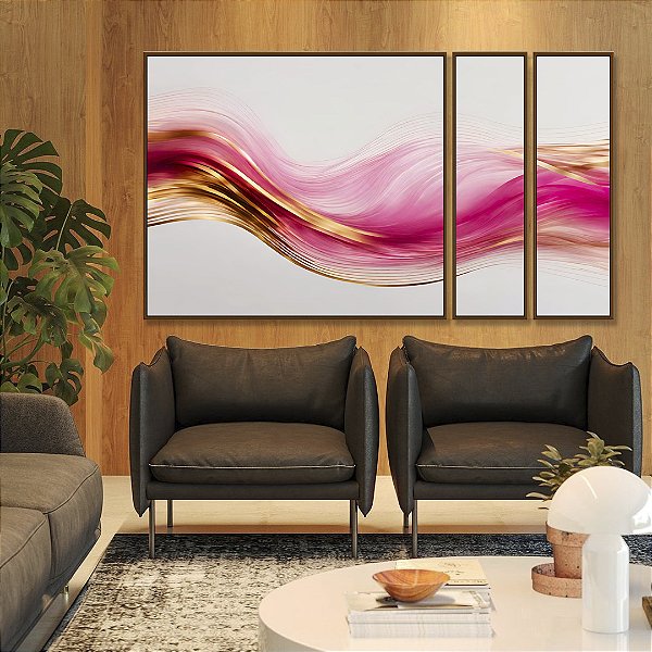 Trio de Quadros Estilizados Arte Fluida Rosa Dourado Abstrato Ondas Canvas Com Moldura