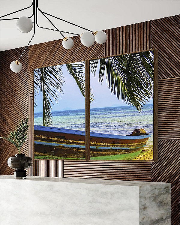 Duo de Quadros Barco em Praia Litoral Coqueiro Natureza Canvas Moldura