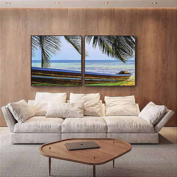 Duo de Quadros Quadrados Barco em Praia Litoral Coqueiro Natureza Canvas Moldura