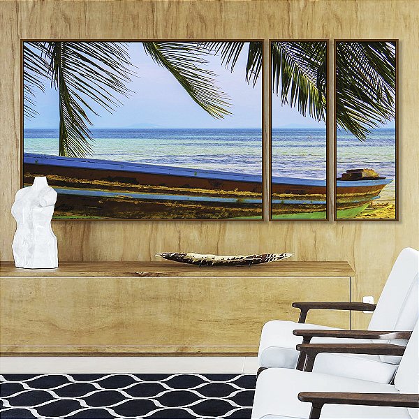 Trio de Quadros Estilizados Barco em Praia Litoral Coqueiro Natureza Canvas Moldura