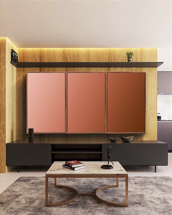 Trio de Quadros Abstrato Degradê Rosa Rosê Marrom Cobre Cores Canvas Moldura