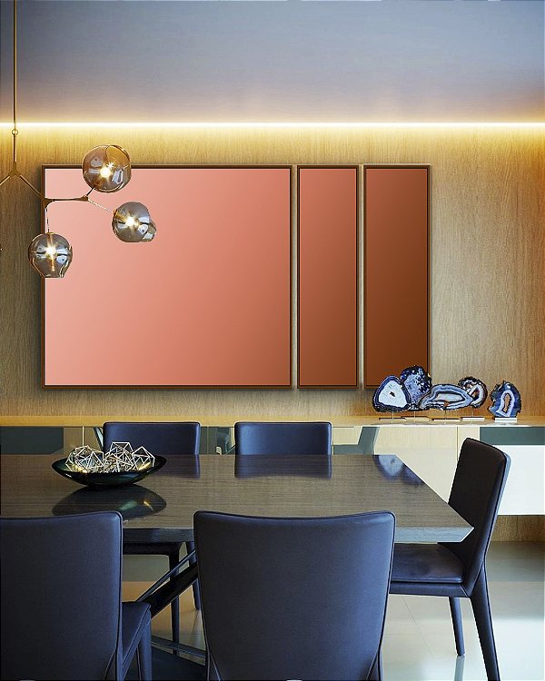 Trio de Quadros Estilizados Abstrato Degradê Rosa Rosê Marrom Cobre Cores Canvas Moldura
