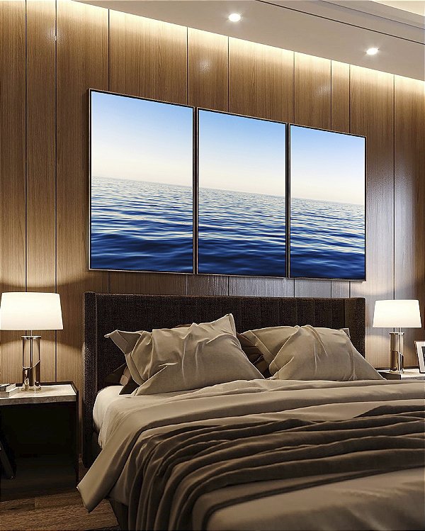 Trio de Quadros Oceano Azul Mar Calmo Céu Claro Natureza Arte em Canvas Moldura