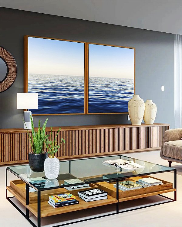 Duo de Quadros Oceano Azul Mar Calmo Céu Claro Natureza Arte em Canvas Moldura