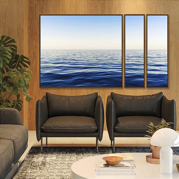 Trio de Quadros Estilizados Oceano Azul Mar Calmo Céu Claro Natureza Arte em Canvas Moldura