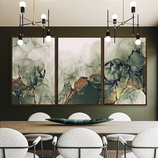 Trio de Quadros Abstrato Cores Verde Cobre Arte Fluída Canvas Moldura