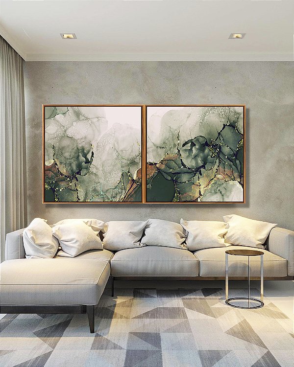 Duo de Quadros Quadrados Abstrato Cores Verde Cobre Arte Fluída Canvas Moldura