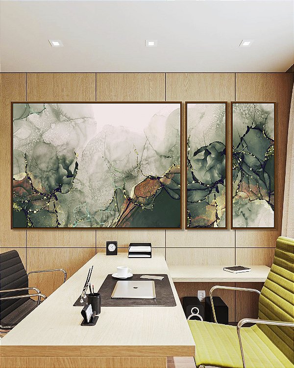 Trio de Quadros Estilizados Abstrato Cores Verde Cobre Arte Fluída Canvas Moldura