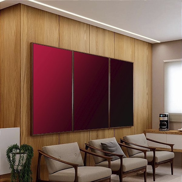 Trio de Quadros Abstrato Degradê Tons de Vermelho Vinho Arte em Canvas Moldura