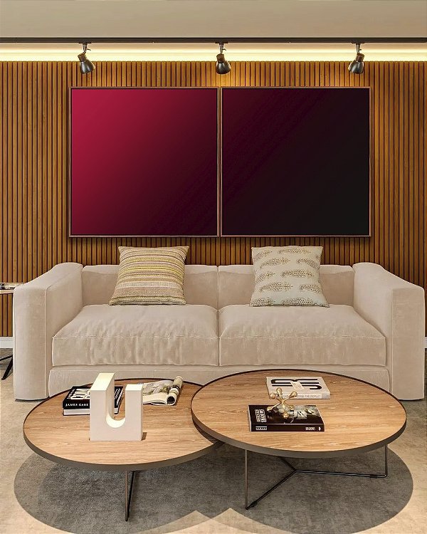 Duo de Quadros Quadrados Abstrato Degradê Tons de Vermelho Vinho Arte em Canvas Moldura