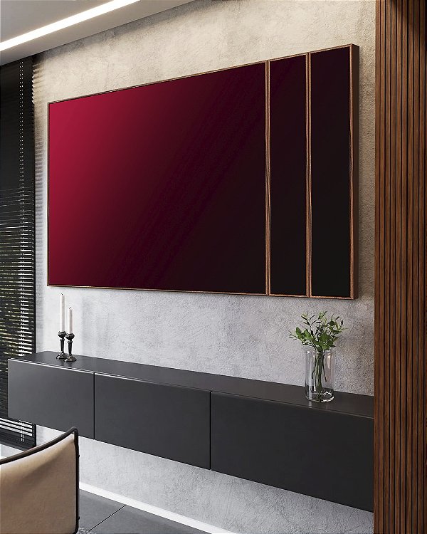 Trio de Quadros Estilizados Abstrato Degradê Tons de Vermelho Vinho Arte em Canvas Moldura