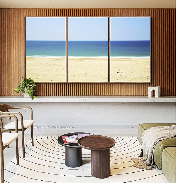 Trio de Quadros Mar Azul Céu Limpo e Praia de Areia Clara Arte Canvas Moldura