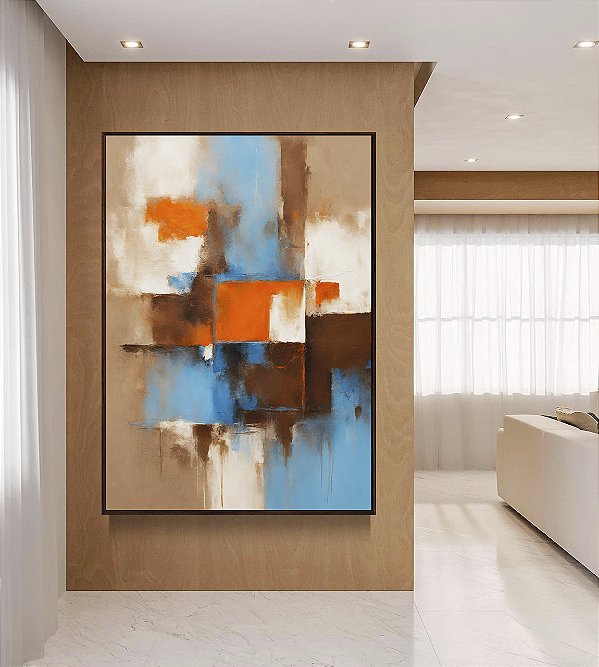 Quadro Vertical Abstrato Efeito Pintura Cores Marrom Laranja Azul Canvas Moldura